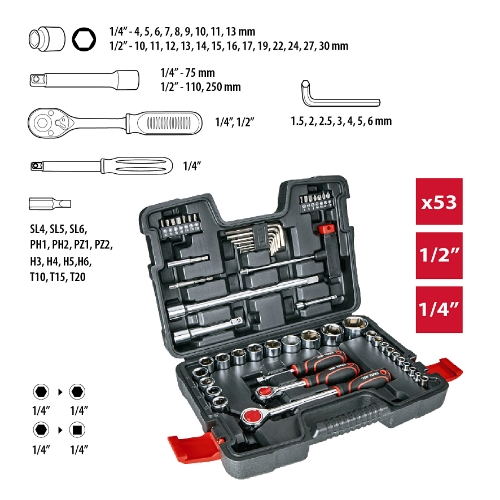 Attēls Instrumentu komplekts 1/4", 1/2" 53 gb.